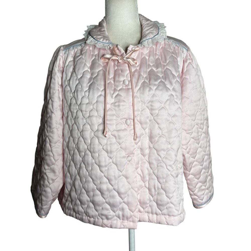 Vintage 80s Appel Quilted Bed Jacket Large Light Pink Lace Polyester Buttons